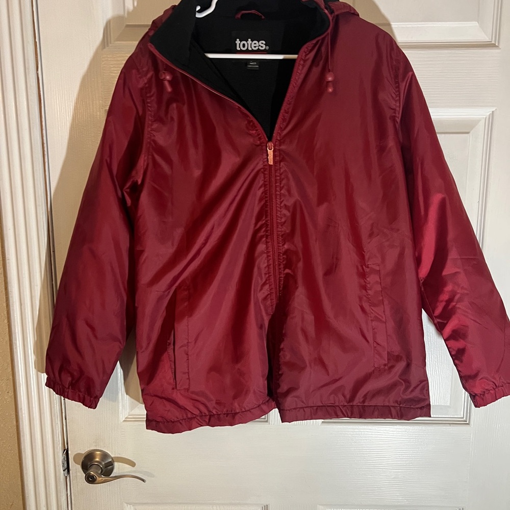 Totes Rain Jacket Women'  MediumRed Full Zip Hooded Warm Fleece Lined Classic